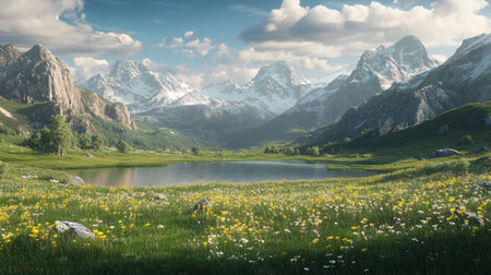 Panoramic view of alpine meadow with flowers and mountains in backgroundの写真素材