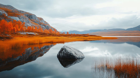 Autumn lake with reflections of mountains and clouds in the water.の写真素材