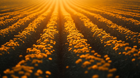 Agricultural field with rows of orange flowers on a sunny dayの写真素材
