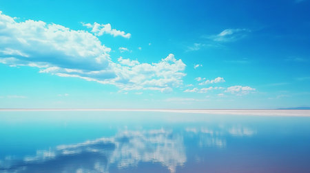 Salt lake landscape with reflection in water. Blue sky and white clouds.の素材
