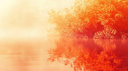 Foggy autumn morning on the river. Color toning effectの写真素材