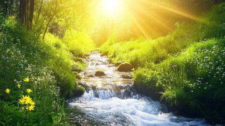 Mountain stream in the forest at sunset. Spring landscape. Nature backgroundの写真素材