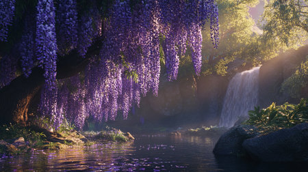 Wisteria blooming in the garden with a waterfall in the backgroundの写真素材