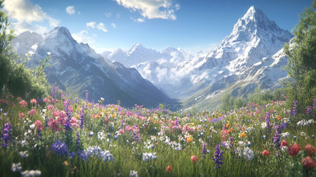 Beautiful panoramic view of the mountains and meadow with flowersの写真素材