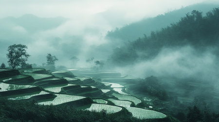 Rice terraces in the mist at Ban Pa Bong Piang, Vietnam.の写真素材