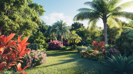 Beautiful landscaped tropical garden with palm trees and flowers. 3d renderの写真素材