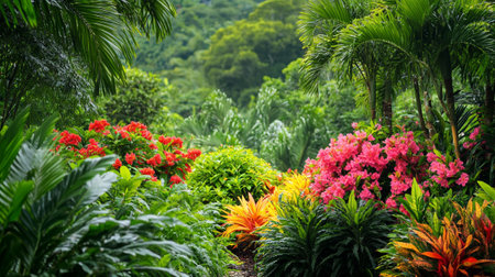 Beautiful tropical garden with flowers and greenery in the summer.の写真素材