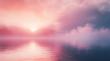 Sunset over the sea with pink sky and clouds reflected in waterの写真素材