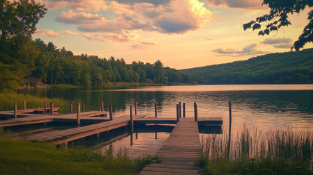 Wooden pier on the lake at sunset. Beautiful summer landscape.の写真素材