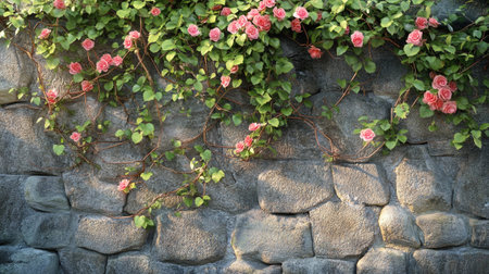 Pink rose bush on a stone wall with green leaves in the backgroundの写真素材