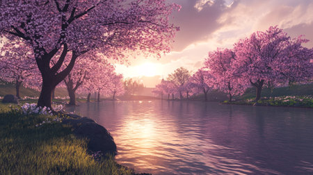 Cherry blossoms in full bloom with the sun setting behind themの写真素材