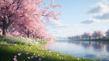 Spring landscape with blooming sakura trees and lake. 3d renderの写真素材