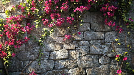 Bougainvillea flowers on a stone wall in Montenegroの写真素材