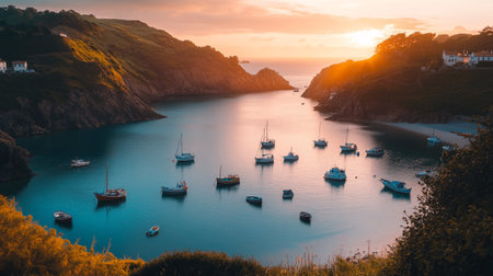 Aerial view of boats in the bay at sunset, Cornwall, UKの写真素材