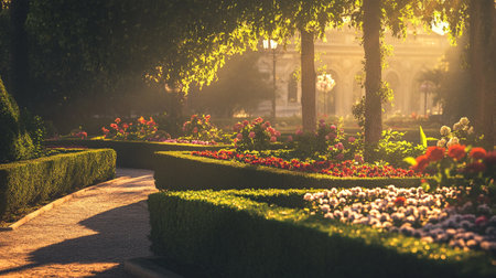 Beautiful flower garden in the morning with sunlight. Vintage tone.の写真素材
