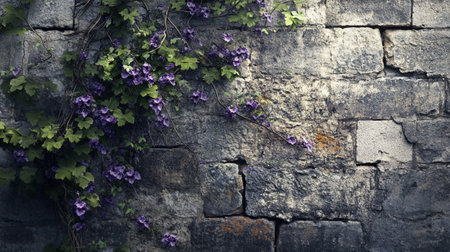 Violet flowers on old stone wall background. Vintage style tonedの写真素材