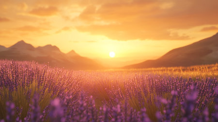 Lavender field at sunset. Beautiful landscape with blooming lavender flowers.の写真素材
