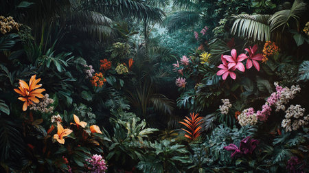 Tropical garden with flowers and plants. 3d illustration.の写真素材