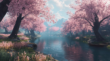 Cherry blossoms in full bloom in the spring. 3D renderingの写真素材