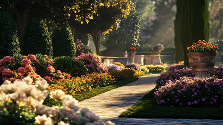 Luxury garden with blooming flowers in the morning light.の写真素材
