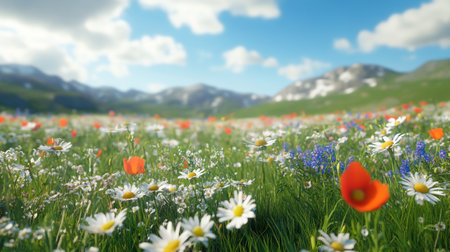 Beautiful spring meadow with poppies and wildflowersの写真素材