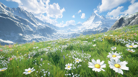 Beautiful spring landscape with flowers and snow-capped mountains.の素材