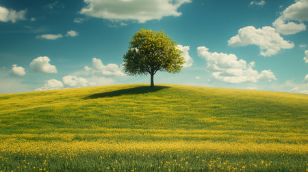 Lonely tree on a green meadow with dandelionsの写真素材