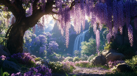 Purple Wisteria flowers in the garden with a waterfall in the backgroundの写真素材