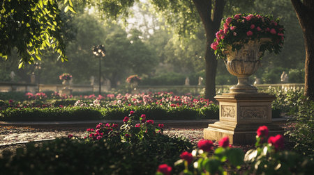 Vase with flowers in the public park, vintage color tone.の写真素材