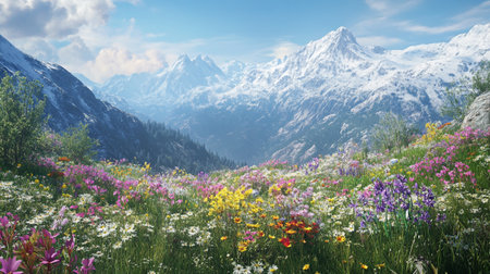 Panoramic view of alpine meadow with wildflowers and snowcapped peaks in backgroundの写真素材