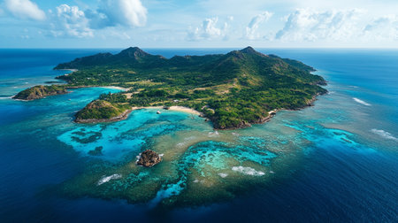 Aerial view of tropical island with coral reef and turquoise seaの写真素材