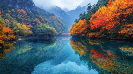 Colorful autumn forest and lake in Jiuzhaigou, Chinaの写真素材