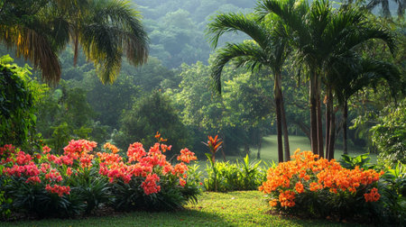 Beautiful tropical garden with flowers and palm trees in the morning.の写真素材