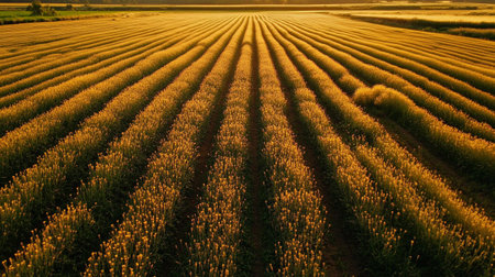 Aerial view of soybean field in sunset light. Agricultural landscapeの写真素材