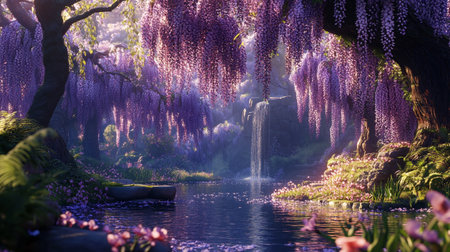 Wisteria blooming in a Japanese garden with a waterfall in the backgroundの写真素材