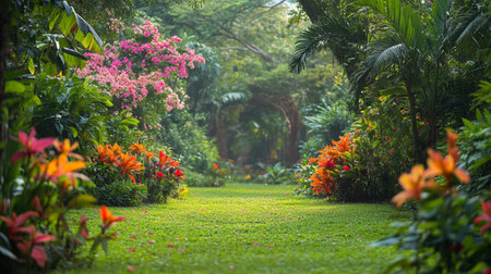 Beautiful tropical flower garden in the morning light. Nature background.の写真素材