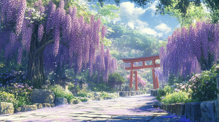 Wisteria blooming in the garden with red torii gateの写真素材