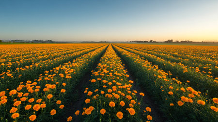 Sunset over marigolds growing on an agricultural field in springの写真素材