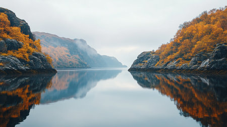 Beautiful autumn landscape with mountain lake and trees in foggy morningの写真素材
