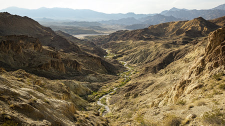 Mountain landscape with river and valley in Death Valley National Park, California, USAの写真素材