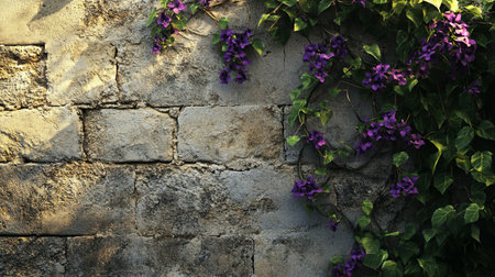 Purple bougainvillea flowers on old stone wall backgroundの写真素材