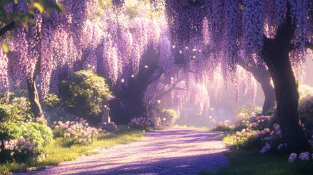 Wisteria flowers blooming in spring in the park. Beautiful spring landscape.の写真素材