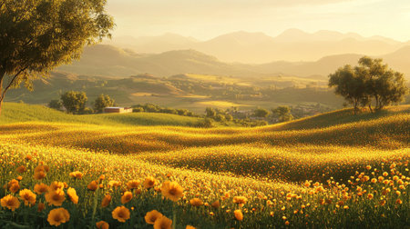 Sunset over a field of yellow poppies in Tuscanyの写真素材