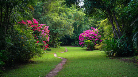 Pathway in the park with pink azalea flowers and green grassの写真素材