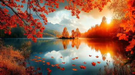 Beautiful autumn landscape with lake and trees in the forest. Colorful autumn landscape.の写真素材