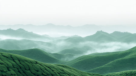 Green hills landscape with mist in the morning. Nature background.の写真素材