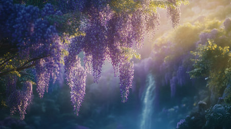 Beautiful wisteria flowers in the morning sun. Nature backgroundの写真素材