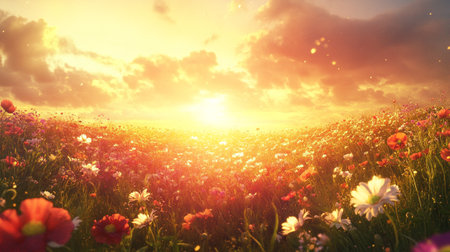 Sunset over a meadow with poppies and daisiesの写真素材