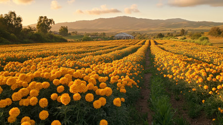 Landscape of Marigold flower field at sunset time in Californiaの写真素材