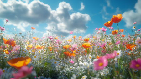 Colorful meadow with poppies and daisies against the blue skyの写真素材